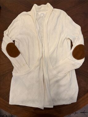 Market & Spruce Cream Open-Front Cardigan with Brown Elbow Patches